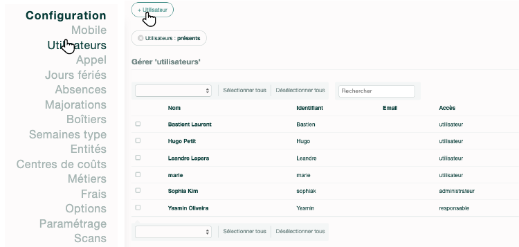Menu de configuration des utilisateurs