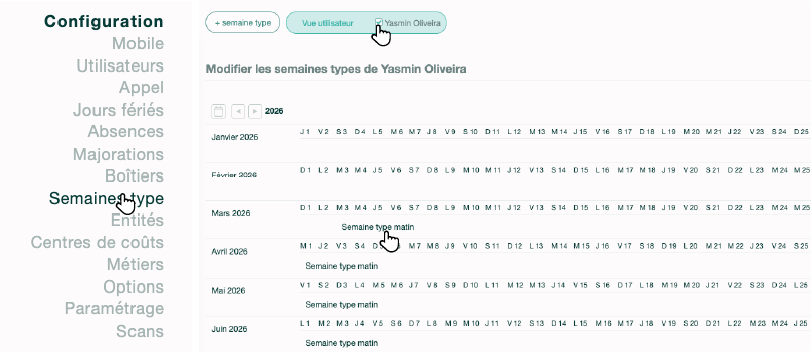 Menu de configuration des semaines types