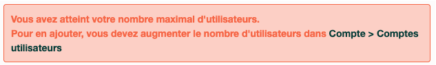 Capture d'écran du message d'erreur de quota d'utilisateurs