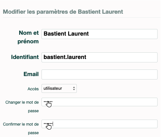 Champs de saisie pour changer le mot de passe d'un utilisateur