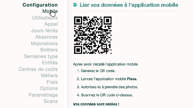 Écran de connexion QR code sur l'application Fissa