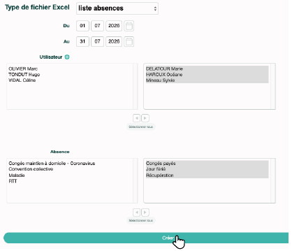 Interface de génération de fichier Excel