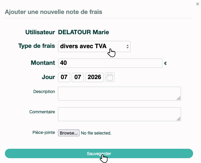 Formulaire de saisie d'une note de frais