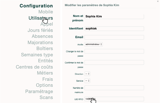 Interface d'attribution du numéro RFID à un utilisateur