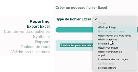 Menu de sélection Export détails absences