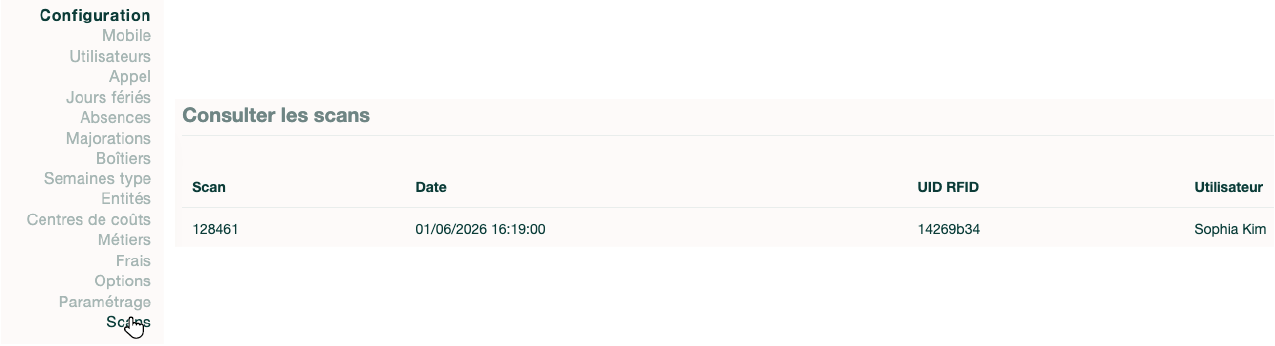 Vérification du scan dans le menu de configuration
